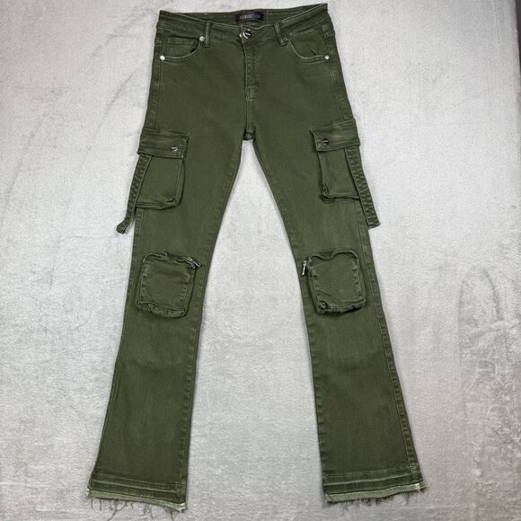 PHEELINGS Jeans Men 34 Green Denim Cargo Stack Zip Pockets Streetwear - Picture 1 of 13